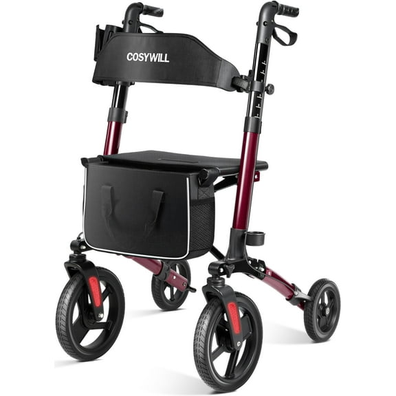 COSYWILL Walkers for Seniors,Foldable Rollator Walker with Seat,Mobility Walkers with 10" Big Wheels, Adjustable Handles and Backrest Height,Dark Red