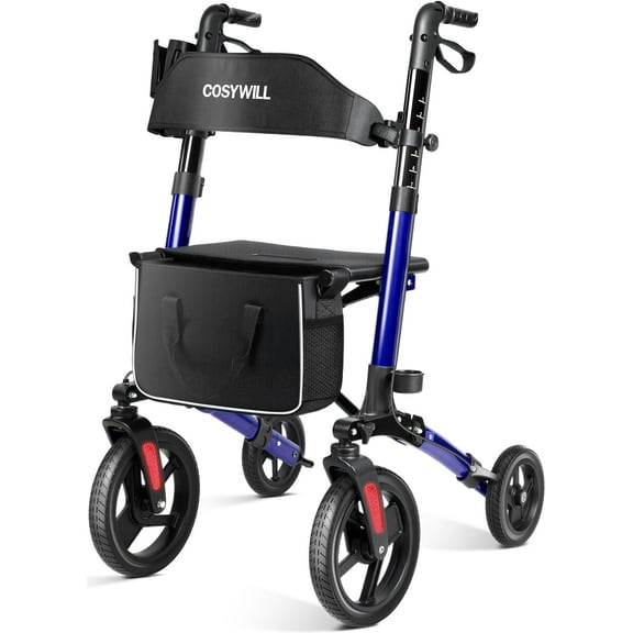 COSYWILL Walkers for Seniors,Foldable Rollator Walker with Seat,Mobility Walkers with 10" Big Wheels, Adjustable Handles and Backrest Height,Blue