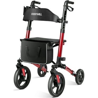 COSYWILL Walkers for Seniors,Foldable Rollator Walker with Seat,Mobility Walkers with 10" Big Wheels, Adjustable Handles and Backrest Height,Light Red