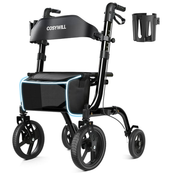 COSYWILL Rollator Walkers with Seat for Seniors, Foldable 10" Big Wheels All Terrain Rolling Walker,Adjustable Handles, Mobility Walker for Seniors,Black