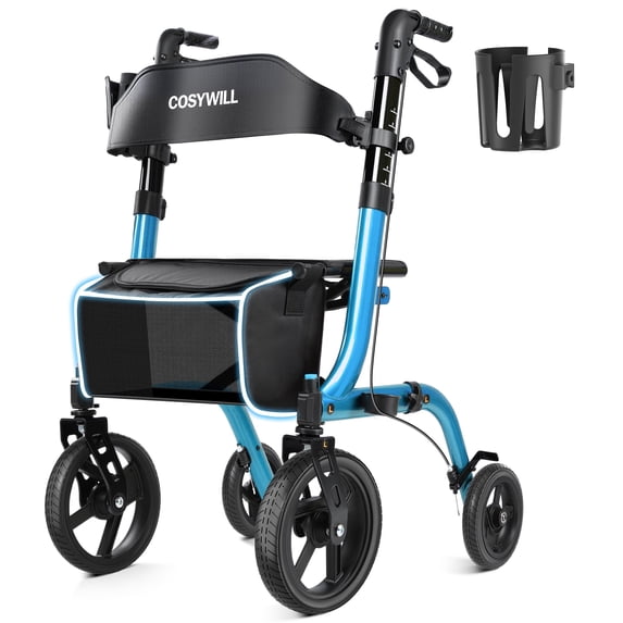 COSYWILL Rollator Walkers with Seat for Seniors, Foldable 10" Big Wheels All Terrain Rolling Walker,Adjustable Handles, Mobility Walker for Seniors,Blue