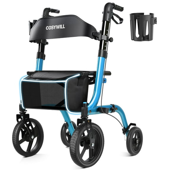COSYWILL Rollator Walkers with Seat for Seniors, Foldable 10" Big Wheels All Terrain Rolling Walker,Adjustable Handles, Mobility Walker for Seniors,Blue