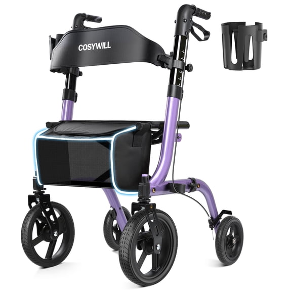 COSYWILL Rollator Walkers with Seat for Seniors, Foldable 10" Big Wheels All Terrain Rolling Walker,Adjustable Handles, Mobility Walker for Seniors,Purple