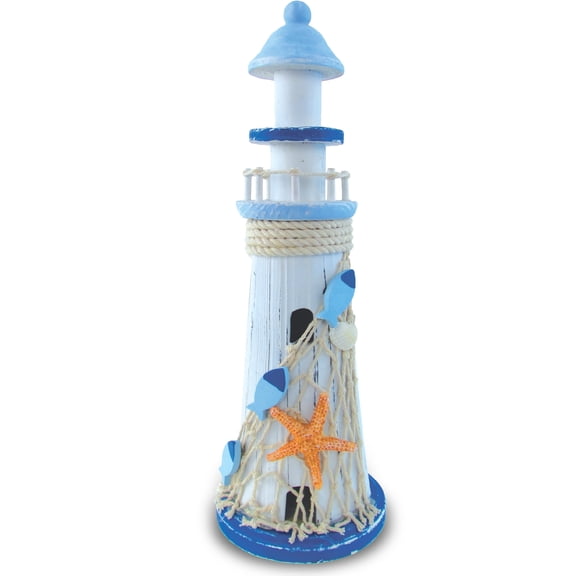 COTA Global Light Blue Stripes Lighthouse Decor - Handmade and Crafted Wooden Lighthouse Decoration with Starfish, Decorative Beach Style Tabletop Centerpiece – 11.5 Inch