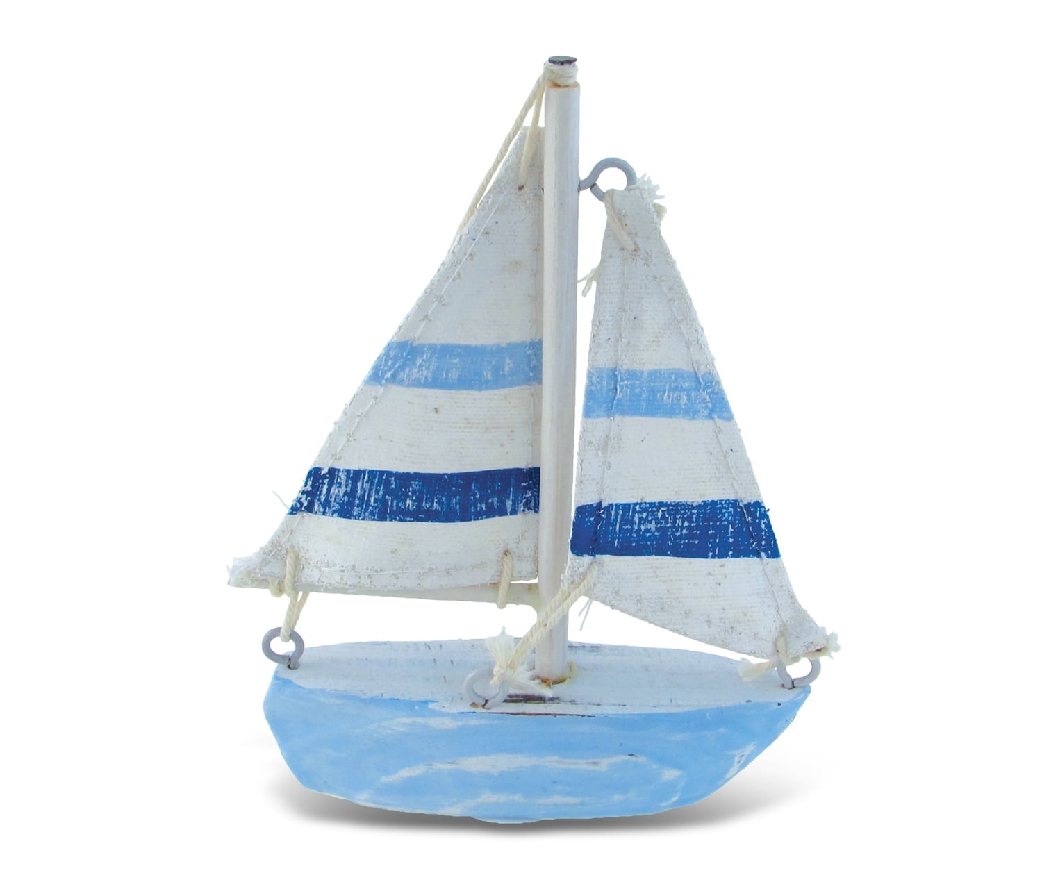 Light Blue and White Striped Wooden Sailboat Figurine, Extra Small