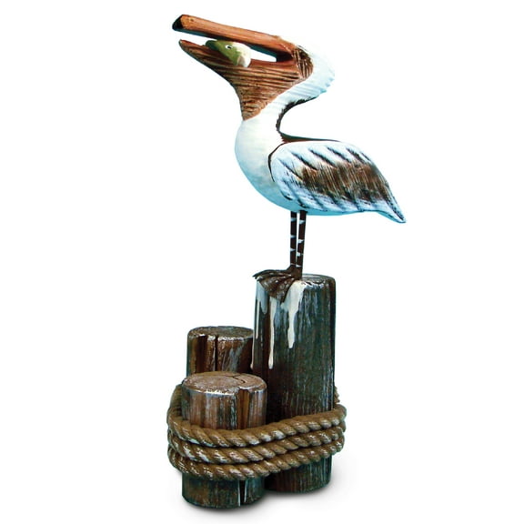 COTA Global Nautical Wooden Standing Pelican Figure Statue - Crafted Pelican Perched on Wood Posts with Beach Style Ropes - Decorative Tabletop Sea Bird Statue - Handmade