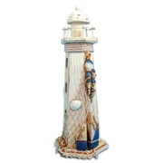PUZZLED COTA Global White Wooden Lighthouse Decor - Handmade and Crafted Wooden Lighthouse Decoration with Fishing Net, Decorative Beach Style Tabletop Centerpiece - 13.5 Inches