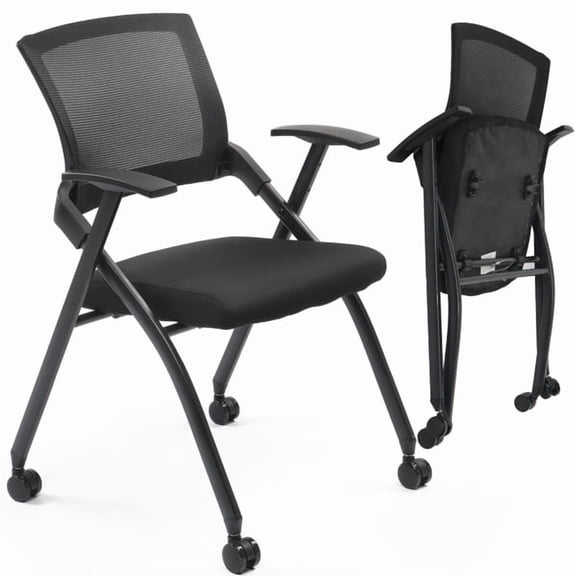 COTINSE 1-Pack Stackable Conference Room Chair with Wheels, Folding Office Chair with Mesh Back, Padded Seat, 350 lb Capacity, Black