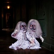 COTINSE 2.8 FT Animatronic Twin Girls Halloween Decoration with Light-Up Eyes, Creepy Sounds & Swaying Bodies, Battery Powered