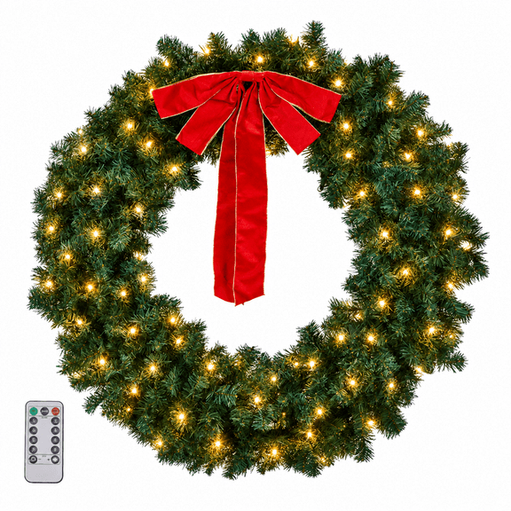 COTINSE 60" Pre-Lit Christmas Wreath, Giant Artificial Wreath with 220 Warm White & Multicolor LED Lights, 600 PVC Tips, 11 Lighting Modes, Remote Control and Red Bow for Front Door