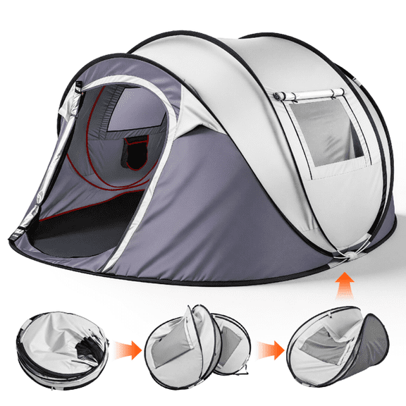 COTINSE Instant Pop Up Camping Tent, 4 Person Waterproof Family Tent with Front Awning, Dual Mesh Doors, Storage Pockets and Carry Bag for Camping, Traveling, Light Gray