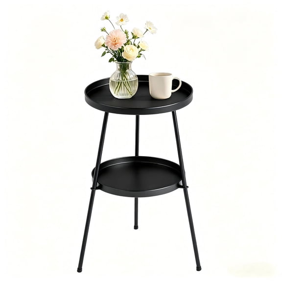 COTINSE Patio Round Small Side Table, Weather Resistant, 2 Tier Metal End Table for Small Spaces, Living Room, Bedroom, Balcony Yard, Black