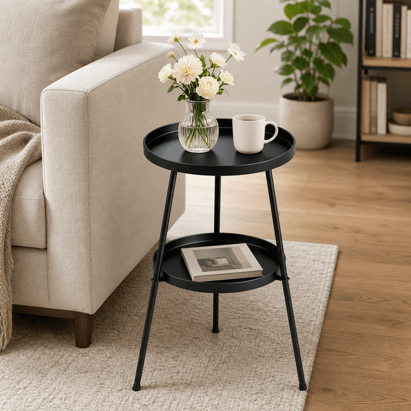 COTINSE Patio Round Small Side Table, Weather Resistant, 2 Tier Metal End Table for Small Spaces, Living Room, Bedroom, Balcony Yard, Black