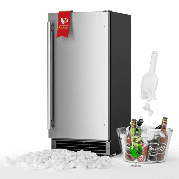 RIOXC 15" W Drainless Under Counter Ice Maker with 22LBS Storage Bin, Crescent Ice, Free Standing Built-in Ice Maker for Residential Commercial Use, No Drain Required, ETL Approved