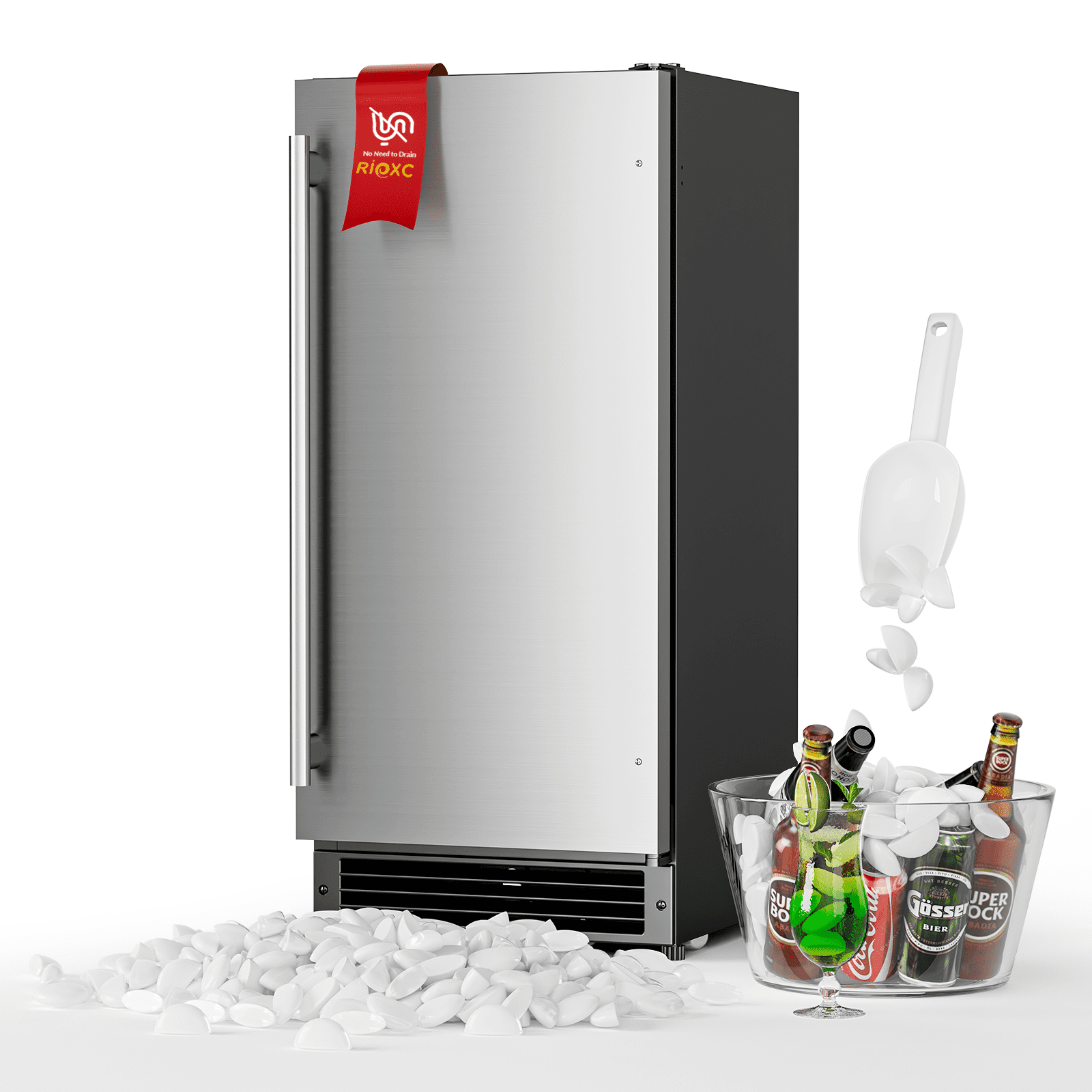 RIOXC 15" W Drainless Under Counter Ice Maker with 22LBS Storage Bin, Crescent Ice, Free Standing Built-in Ice Maker for Residential Commercial Use, No Drain Required, ETL Approved
