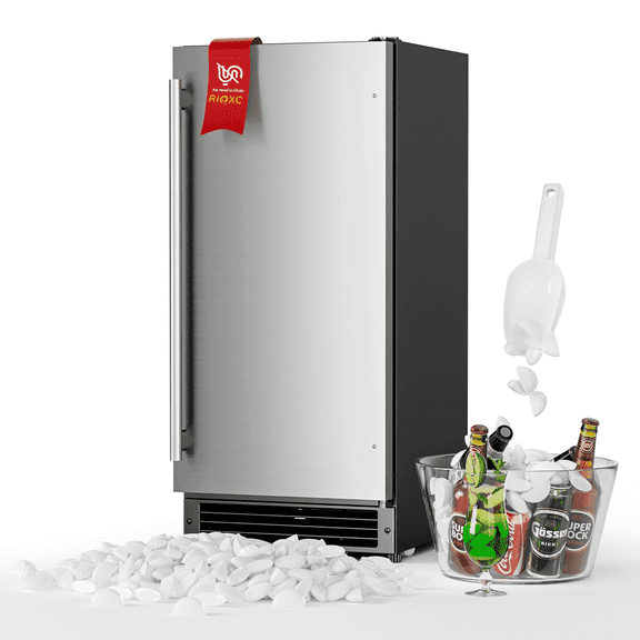 RIOXC 15" W Drainless Under Counter Ice Maker with 22LBS Storage Bin, Crescent Ice, Free Standing Built-in Ice Maker for Residential Commercial Use, No Drain Required, ETL Approved