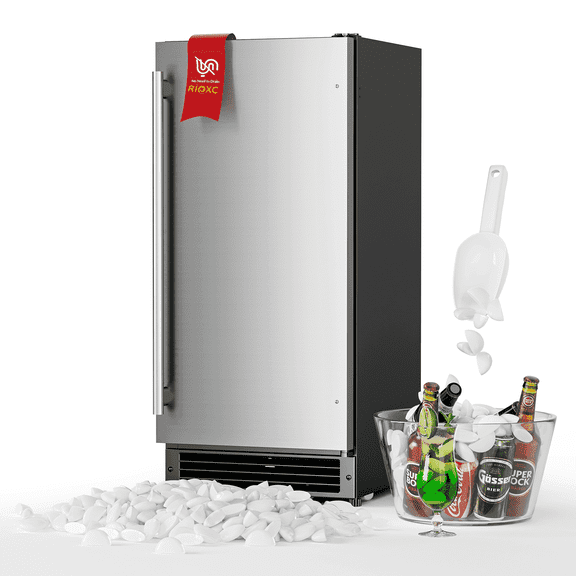 RIOXC 15" W Drainless Under Counter Ice Maker with 22LBS Storage Bin, Crescent Ice, Free Standing Built-in Ice Maker for Residential Commercial Use, No Drain Required, ETL Approved