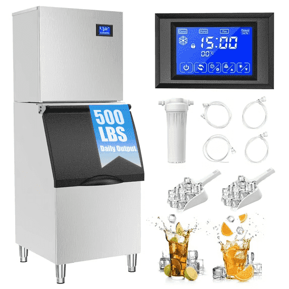 OUTBID Split Commercial Ice Maker Machine 500LBS/24H with 350lbs Ice Bin, Nugget Ice Makers Commercial, Clear Cube Pellet Ice Maker, Fast Ice Maker Ice-Ready in 8-15mins