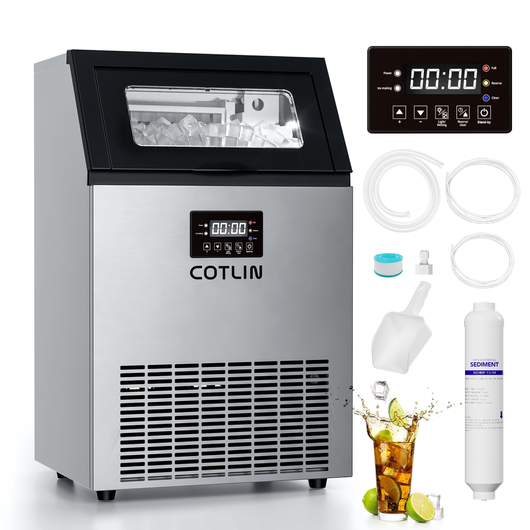 COTLIN Commercial Ice Maker Machine 150LBS/24H, 20’’ Under Counter Ice Machine with 33LBS Storage Bin/ Built-in Cleaning System, Freestanding Ice Maker for Restaurants/Bars, ETL Approved