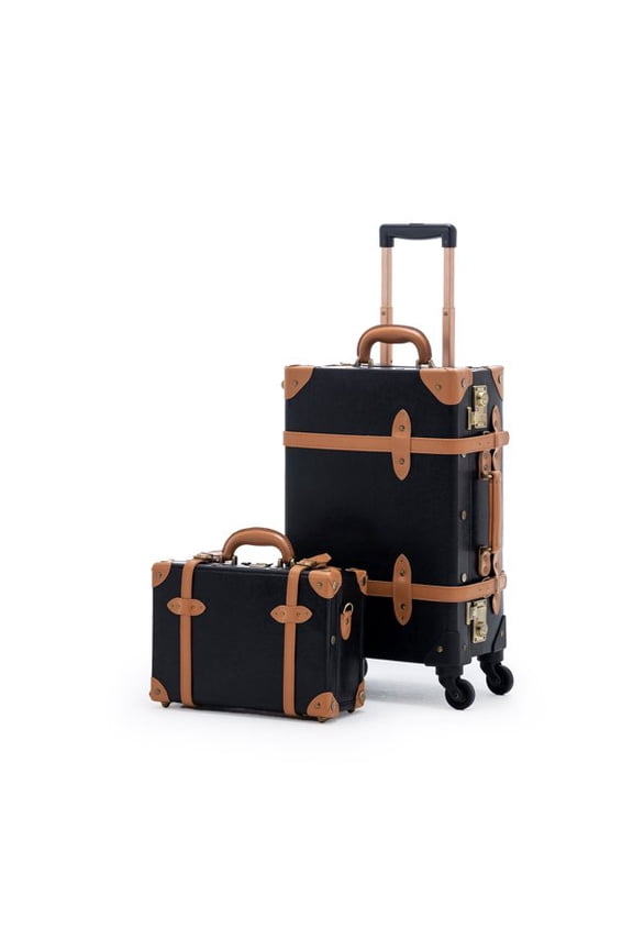 2 Piece Vintage Luggage TSA Lock Small Carry On Suitcase Sets for Travel with Spinner Wheels, Black
