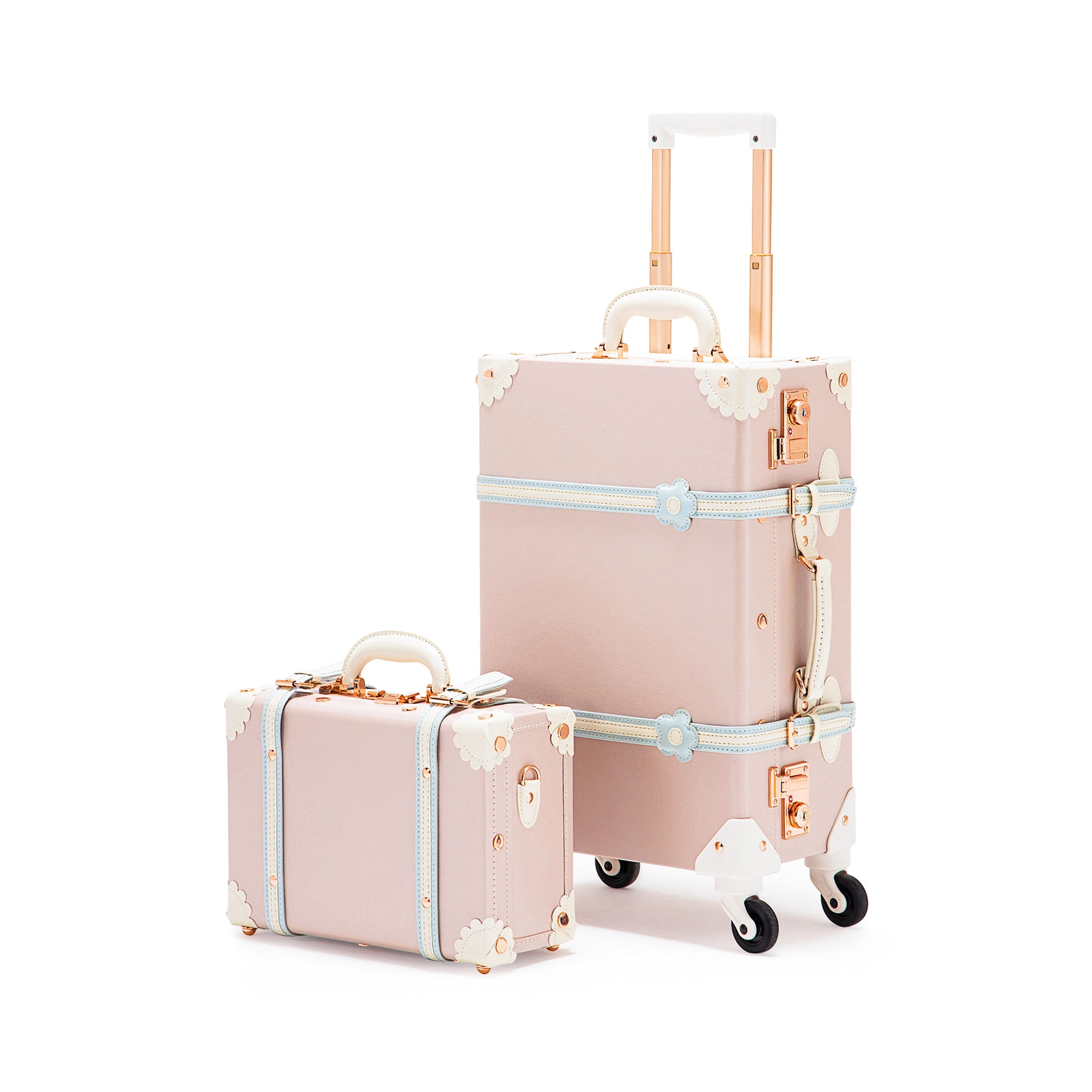 COTRUNKAGE Vintage Luggage Sets for Women, 20 Small Pink Carryon Luggage 2 Piece with Spinner Wheels, 13 Travel Cosmetic Train Case, Cherry Pink