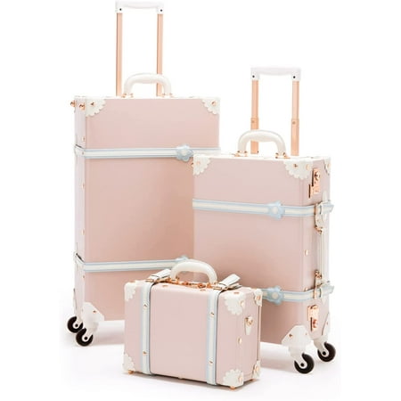 COTRUNKAGE 3 Piece Vintage Luggage Set TSA Lock Vintage Suitcase with Spinner Wheels, Cherry Pink