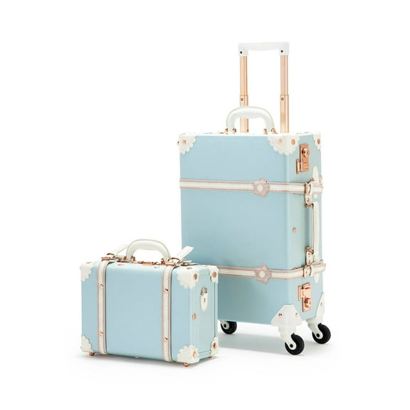 COTRUNKAGE Floral Vintage Suitcases and Trunk, 24" TSA Lock Cute Spinner Luggage Set 2 Piece for Women with 13" Train Case, Sky Blue
