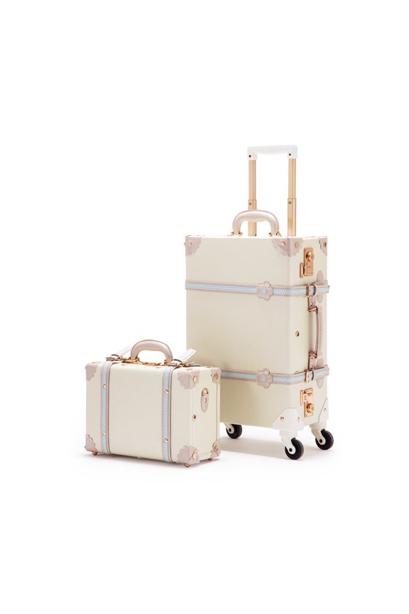 Vintage Carry On Luggage Trunk TSA Lock Spinner Suitcase Set 2 Piece for Women, Cream White