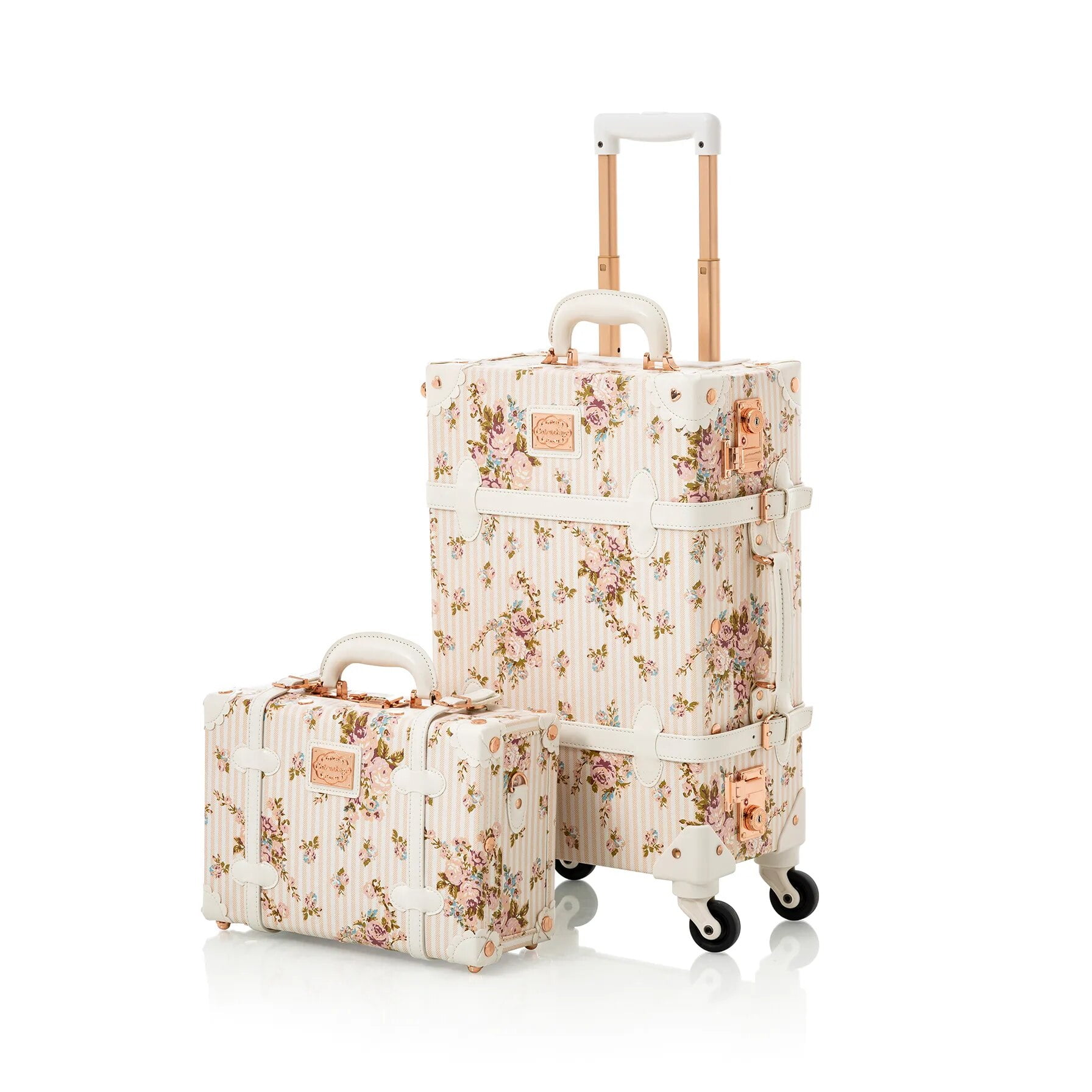 COTRUNKAGE Vintage Trunk Luggage Set of 2 TSA Lock Carry On Suitcase for Women, Beige Floral