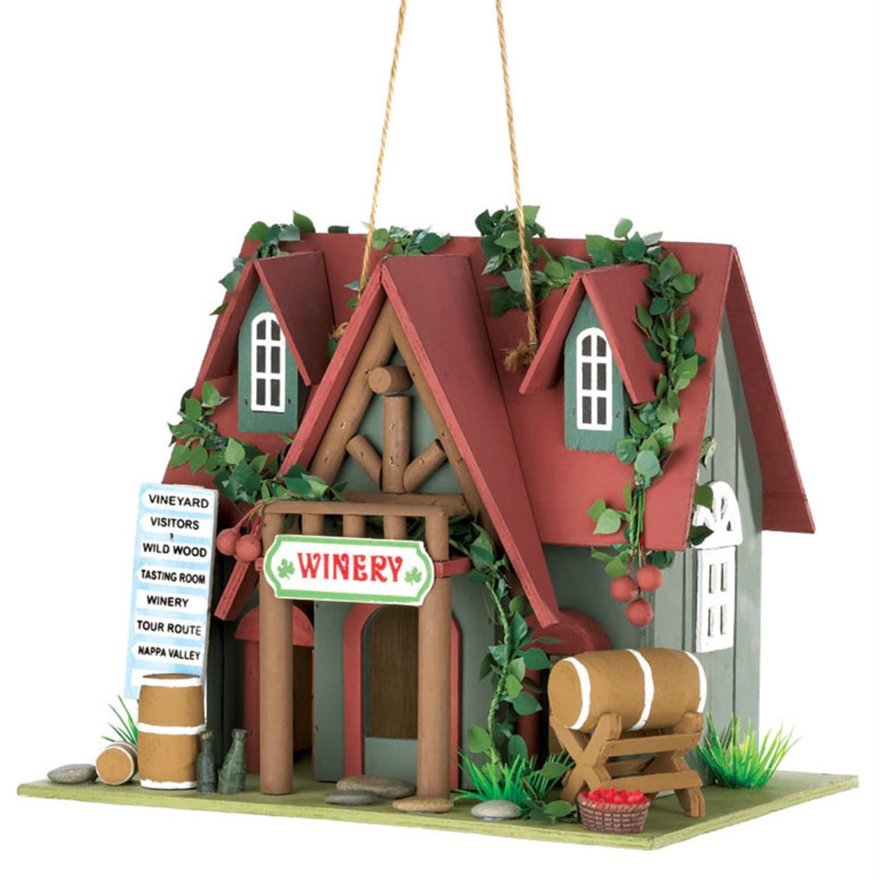 Green and Red Eucalyptus Wood Cottage Winery Birdhouse