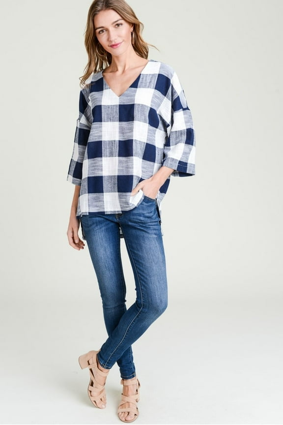 COTTON BLEU Women's Cotton Linen Gingham Check V-Neck Blouse (Medium)