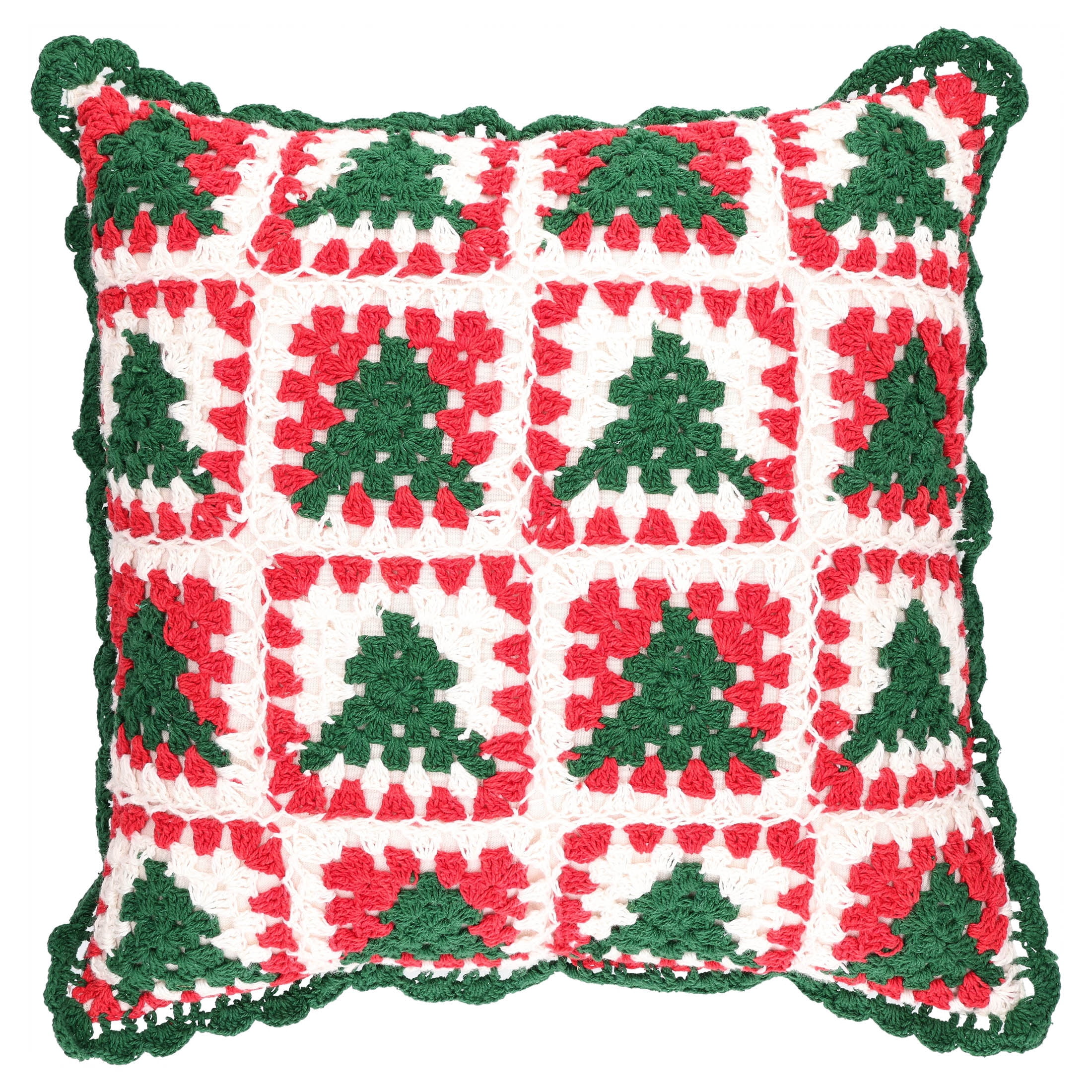 Granny Square Decorative Christmas Pillow, Red/White/Green, 14" x 14", by Holiday Time