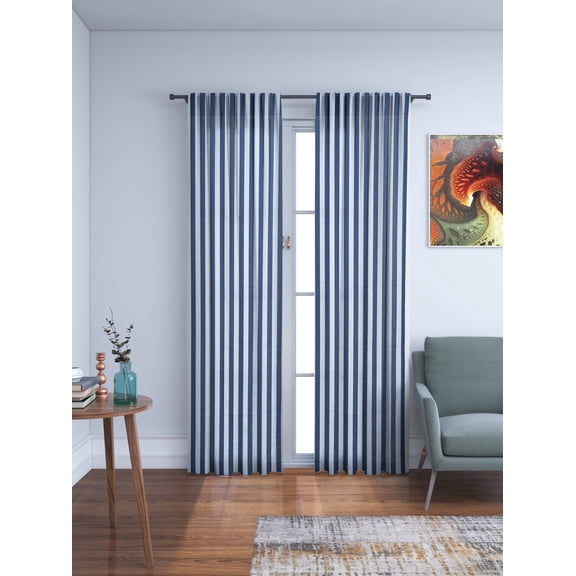 GFI Linen Clubs 100% Cotton Navy White Stripe Reverse Tab Curtains – Set of 2 Panels, 50 x 108 Inch – Farmhouse Style Window Drapes – Light Filtering, Back Tab – Living Room, Bedroom, Kitchen.