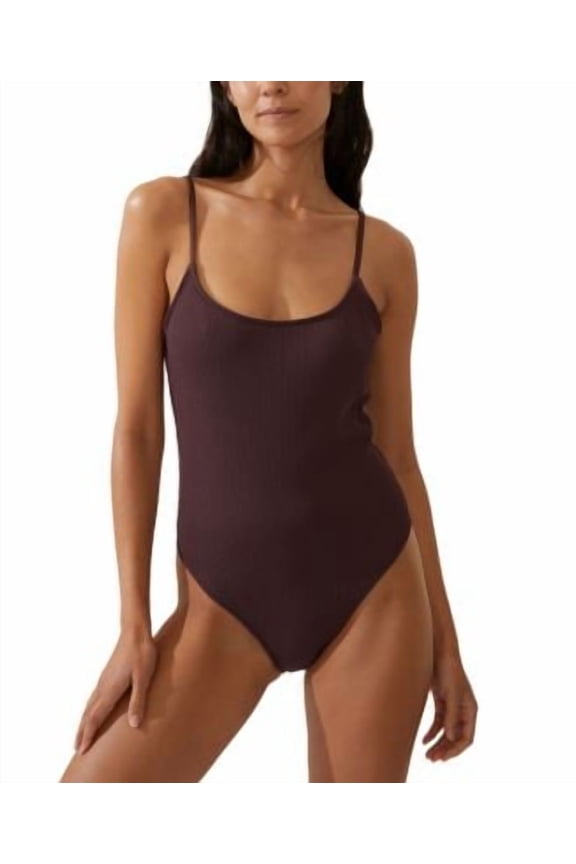Women's Textured Scoop Neck One Piece Swimsuit Brown M