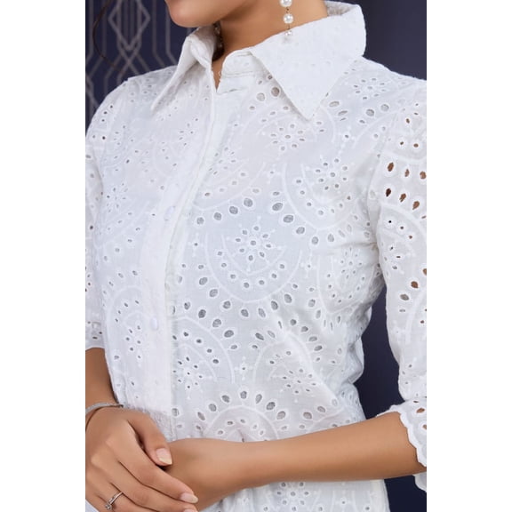 COTTON SCHIFFLI PUFF SLEEVES SHIRT DRESS