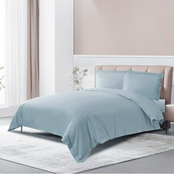 THE COTTON & SILK 100% Luxury Long-staple Cotton Duvet Cover Set (1 Duvet Cover, with Corner Ties and Hidden Zipper Closure, 2 pillow shams), King Size, Misty Blue