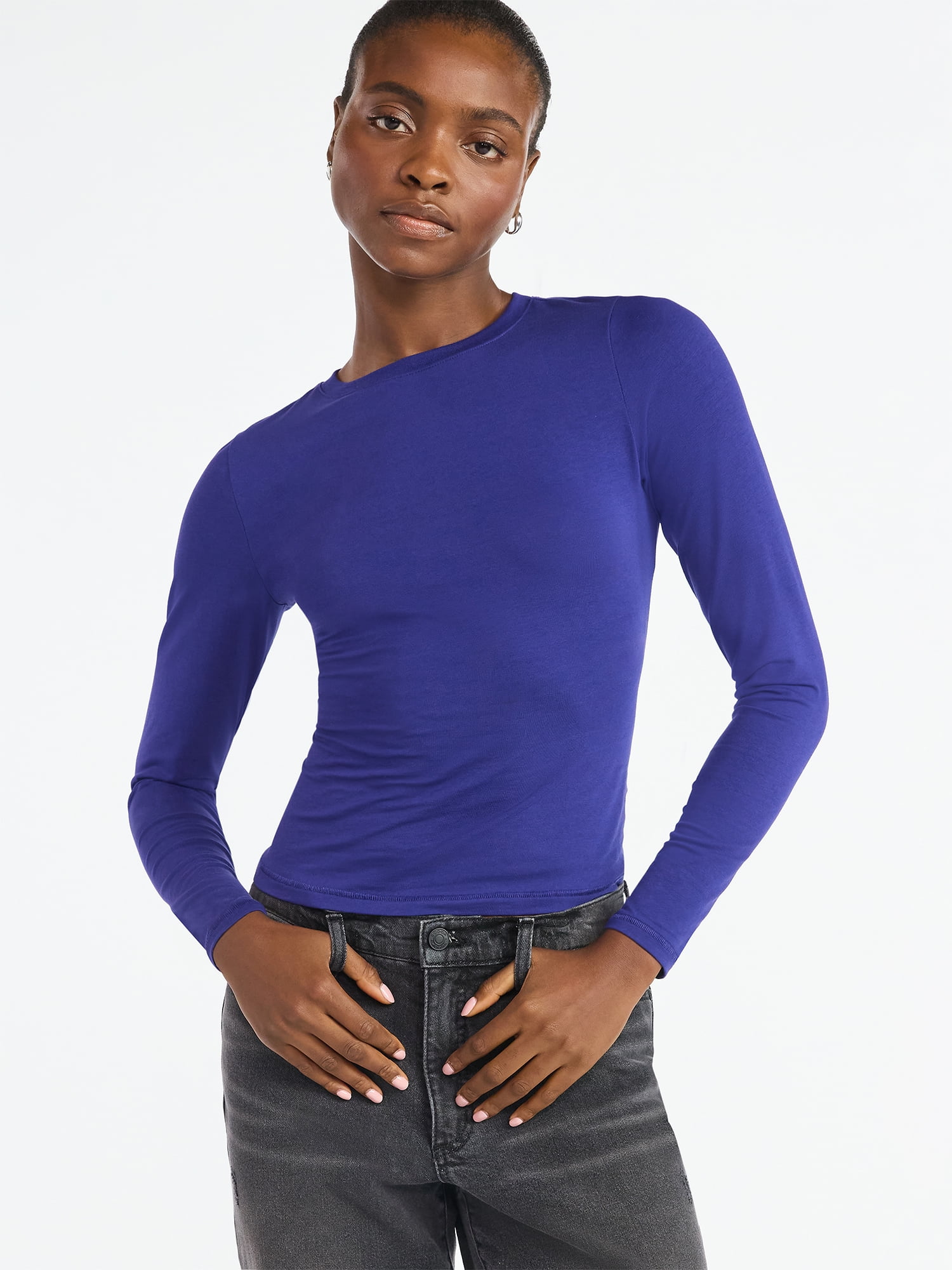 Scoop Women’s Stretch Cotton Blend Crewneck Tee with Long Sleeves, Sizes XS-XXL