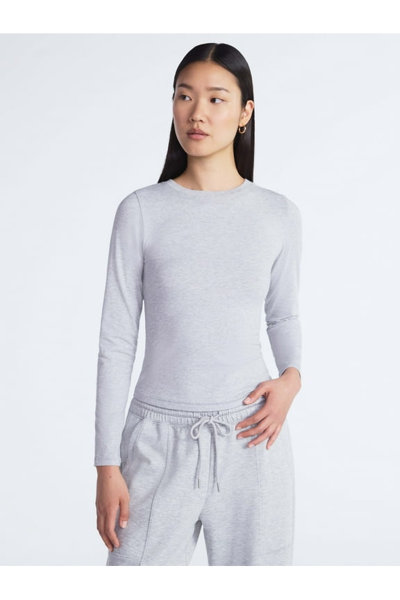 Women’s Stretch Cotton Blend Crewneck Tee with Long Sleeves, Sizes XS-XXL