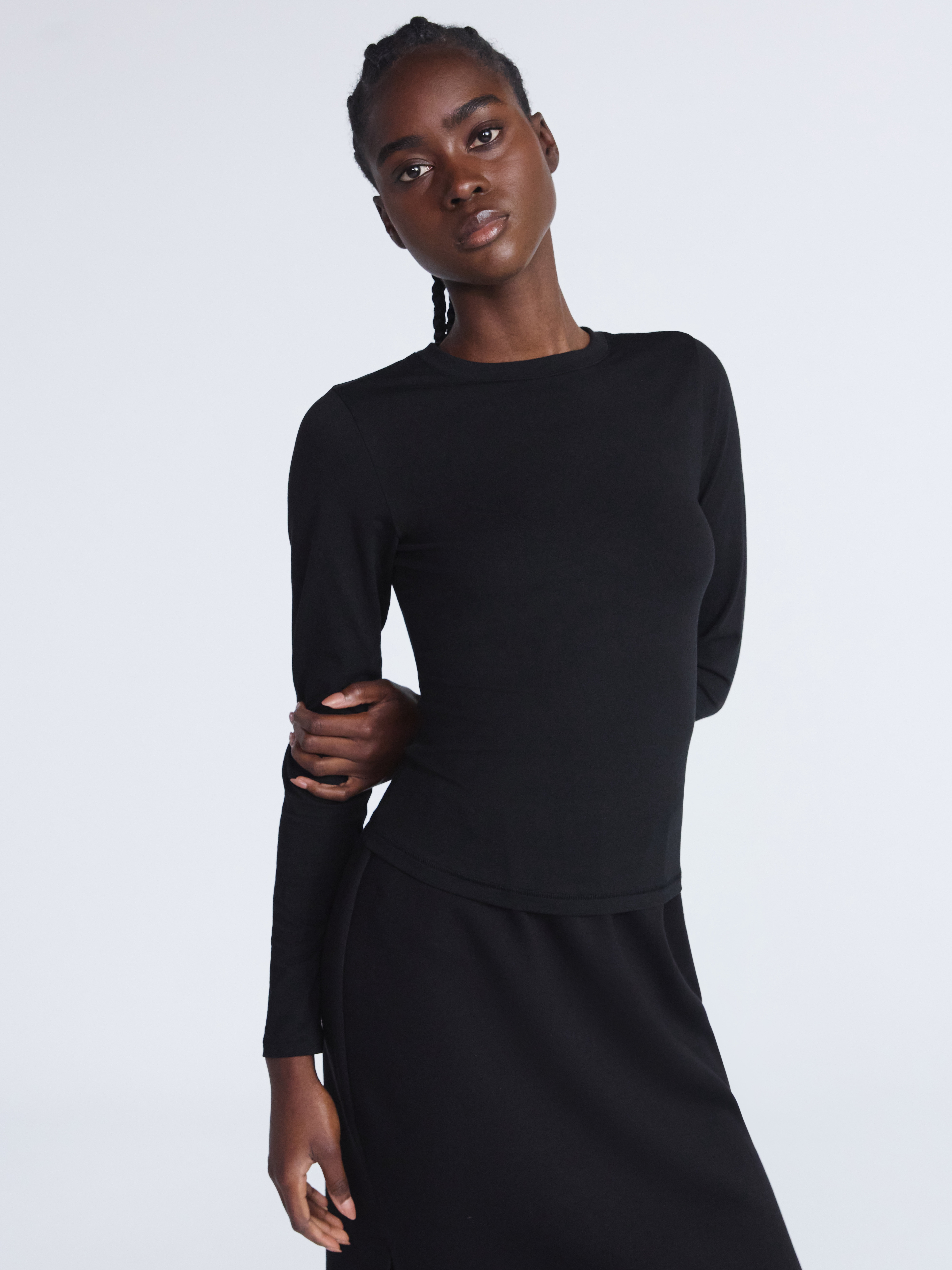 Women’s Stretch Cotton Blend Crewneck Tee with Long Sleeves, Sizes XS-XXL