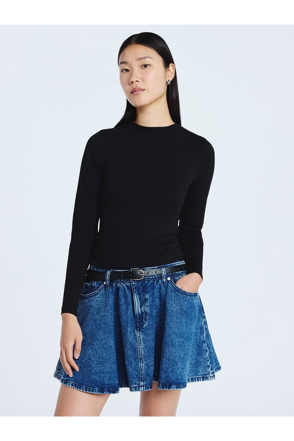 Women’s Stretch Cotton Blend Crewneck Tee with Long Sleeves, Sizes XS-XXL