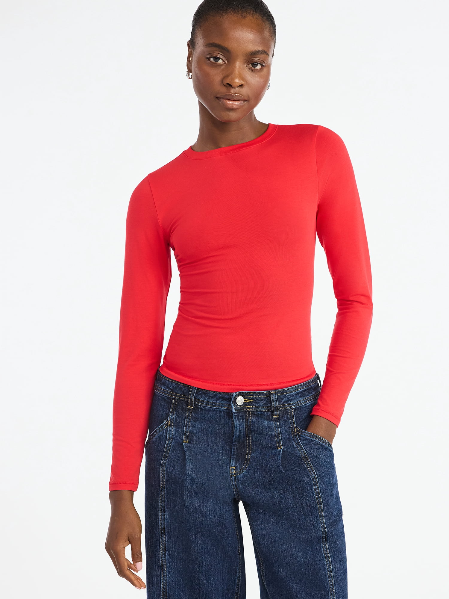 Scoop Women’s Stretch Cotton Blend Crewneck Tee with Long Sleeves, Sizes XS-XXL