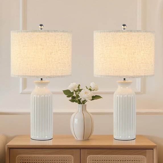 COTULIN 23" Modern Ceramic Table Lamps Set of 2 for Living Room, Bedroom, Farmhouse Vintage Desk Lamps with White Linen Shade, Rustic Bedside Lamps for Nightstand Home Office End Table Dorm