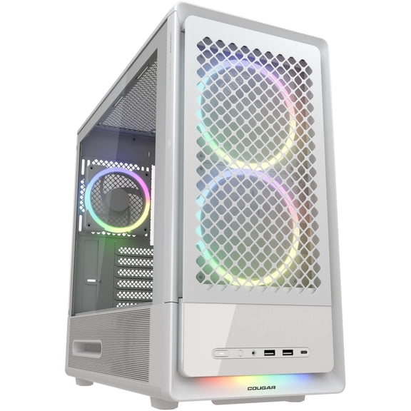 COUGAR DUOAIR RGB Mid-Tower Case, 5 Fans Preinstalled, 410mm Graphic Card Supported, 360mm Water Cooling Supported, Dual Front Panels (Mesh/Glass), White