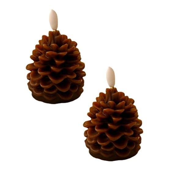 COURAGEDG Pinecone Flameless Candle Wax Material Construction Remote Control Included Battery Operated Brown 2PCS Candlestick Holders Small Tealight Candle Holder