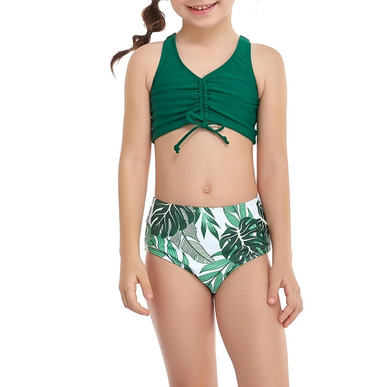 COUTEXYI Daughter Mother Family Matching Swimwear, Solid Color Sleeveless  Drawstring V-Neck Tops + Leaves Print Panties Bikini Set 