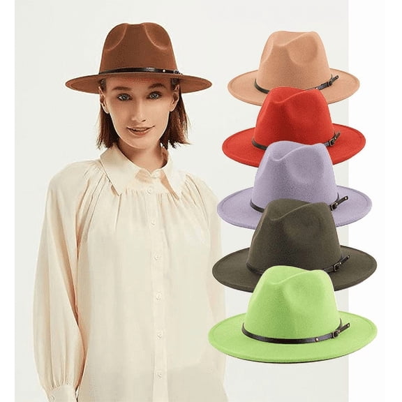 COUTEXYI Unisex Panama Hat, Vintage Style Wide Brim Belt Buckle Felt Fedora Hat for Men Women