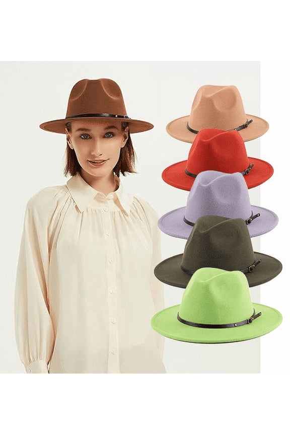 Unisex Panama Hat, Vintage Style Wide Brim Belt Buckle Felt Fedora Hat for Men Women