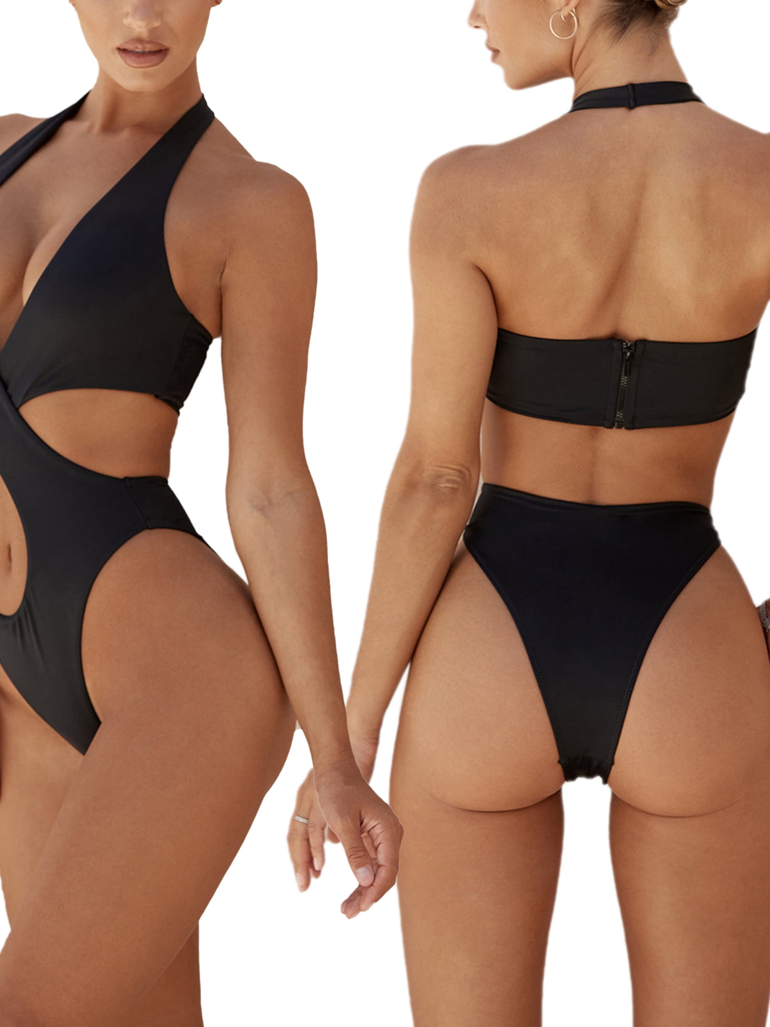 COUTEXYI Women's One-piece Sling Swimsuit, V-neck Hollowed Waist Slim  Swimwear 