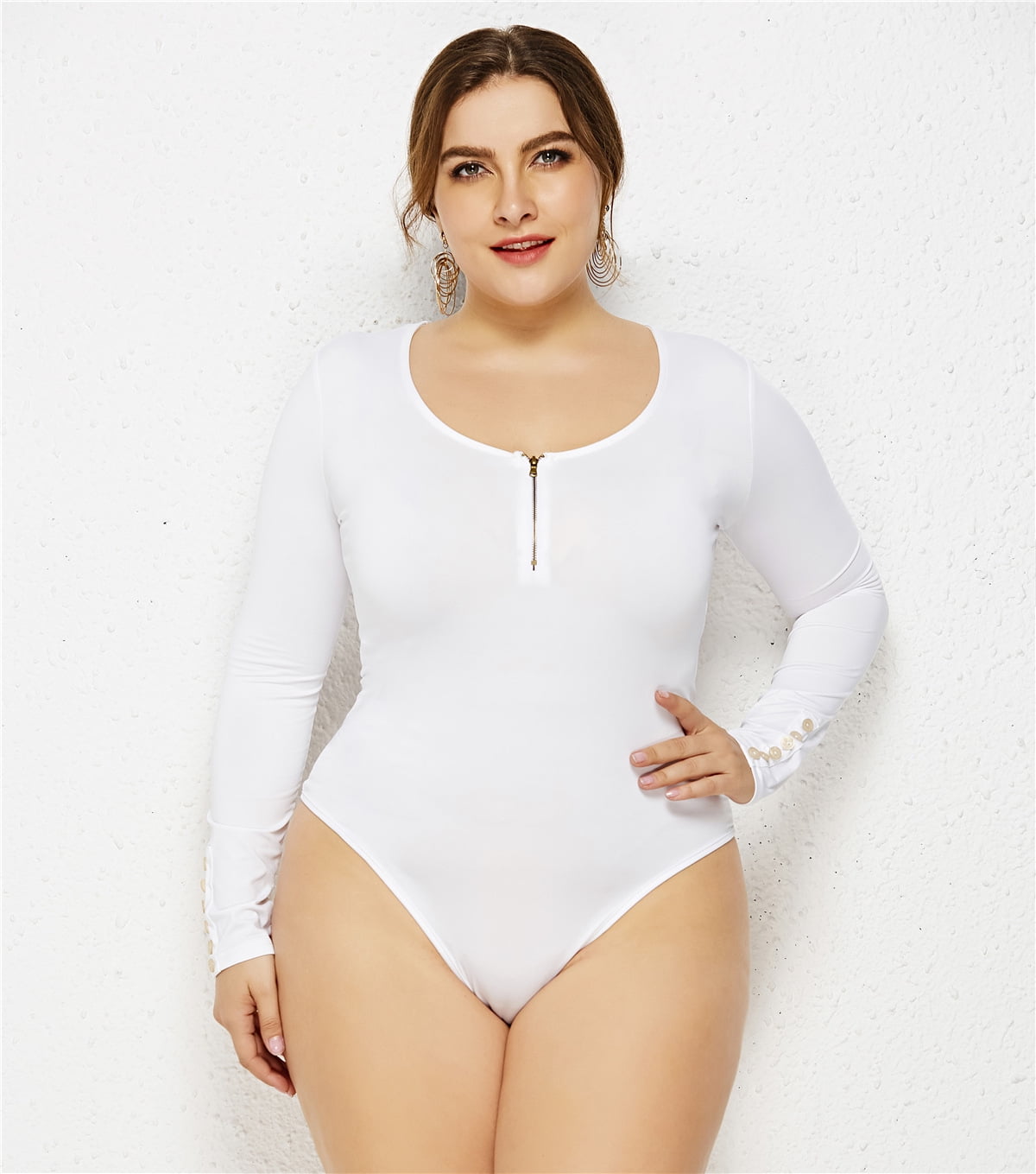 COUTEXYI Women´s Plus Size Bodysuits, Zip Round Neck Long Sleeve