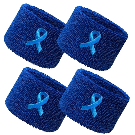 COUVER 2.5 Inch Embroidered Colorectal Cancer Ribbon Blue Athletic Wristbands 2 Pairs (Unisex)